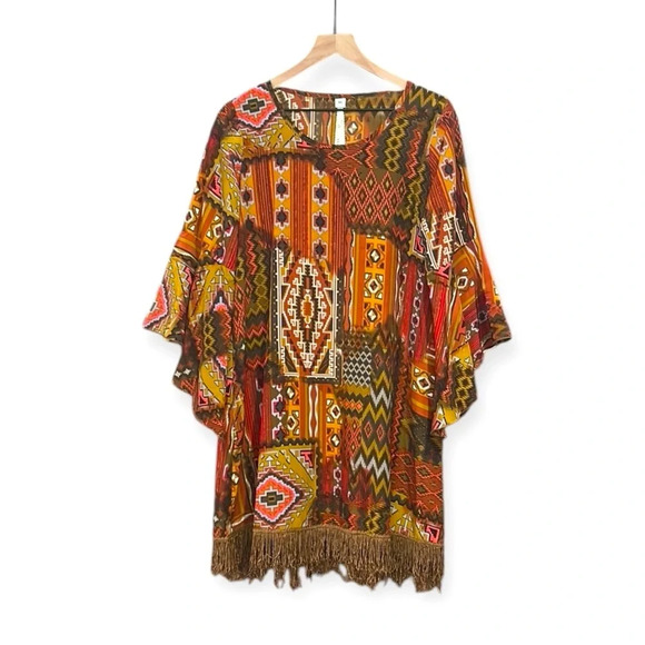 Uncle Frank Aztec Print Bell Sleeve Fringe Boho Style Dress Size Medium - Picture 2 of 12